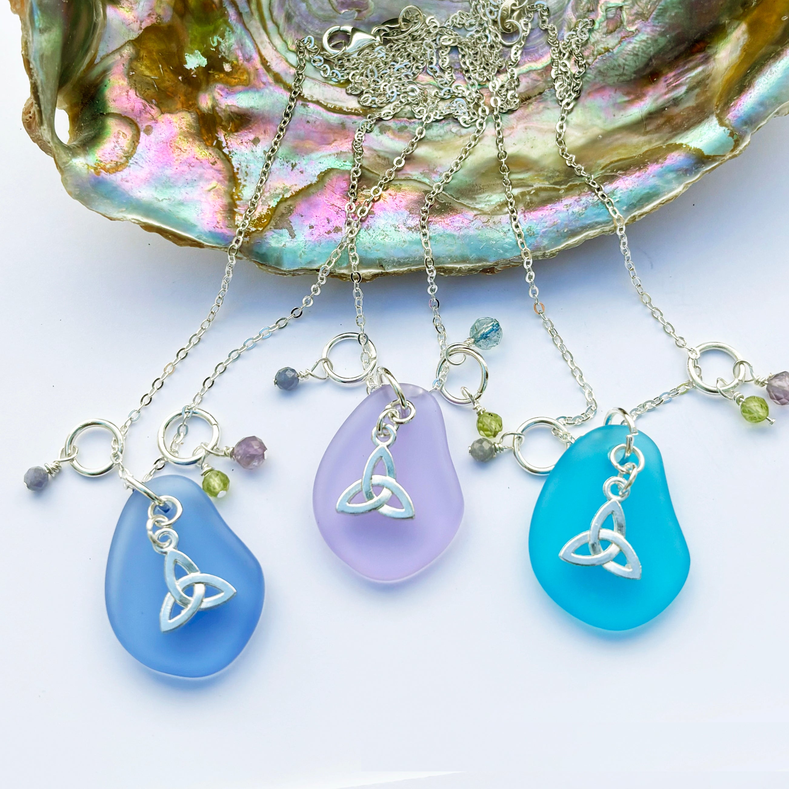 Small Trinity Knot with Sea Glass and Real Faceted Gemstones Pendant