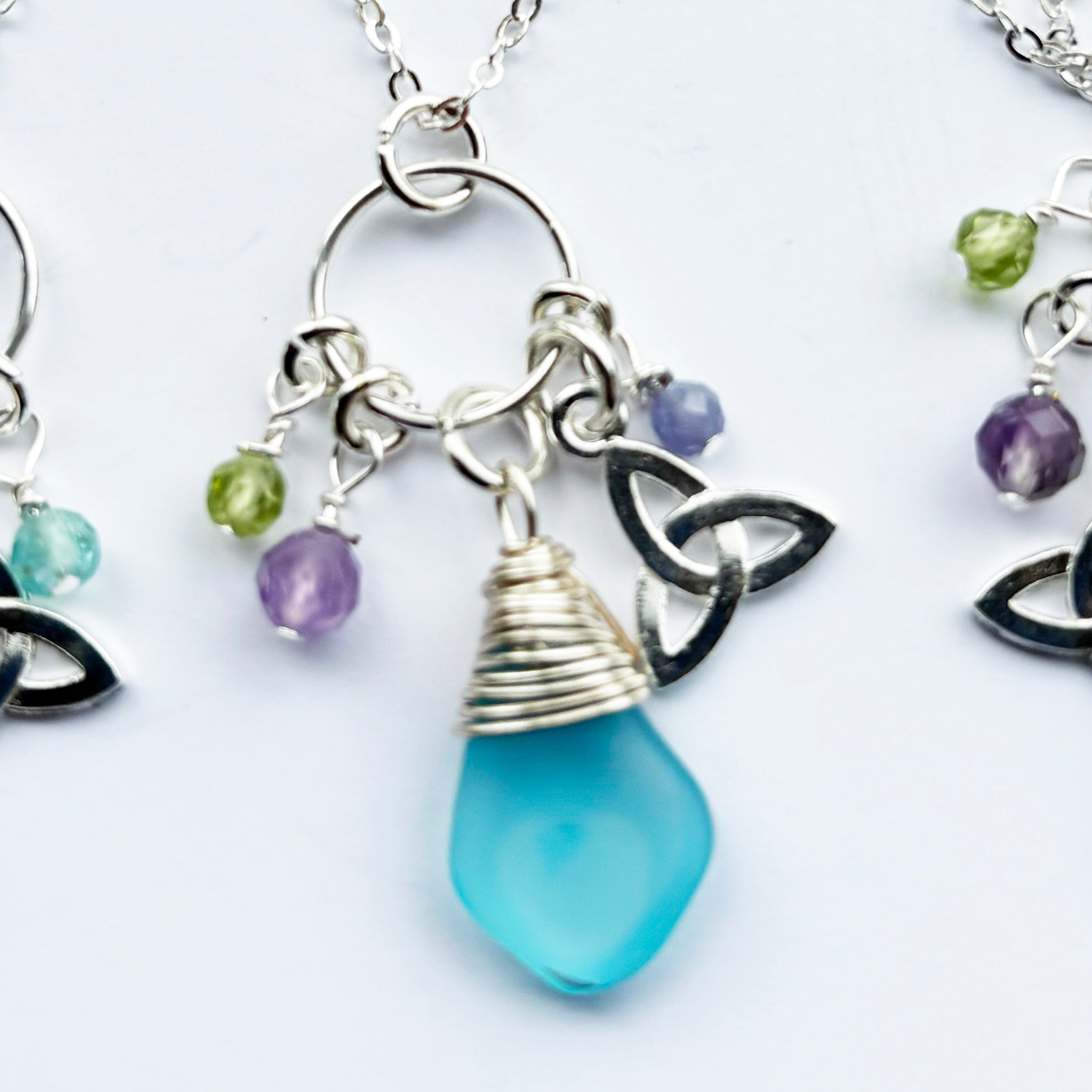 Pebble Sea Glass with Faceted Gemstones Pendant