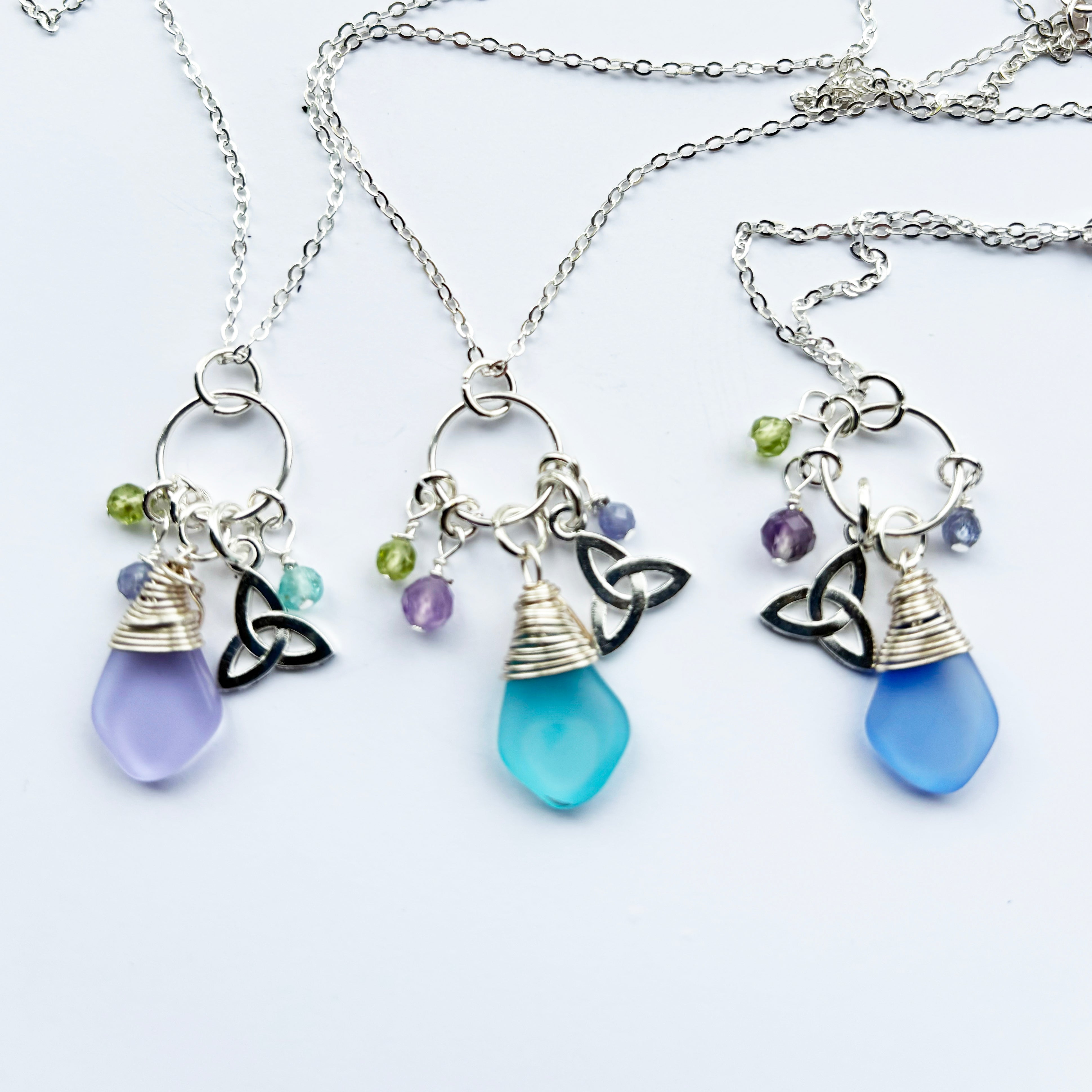 Pebble Sea Glass with Faceted Gemstones Pendant