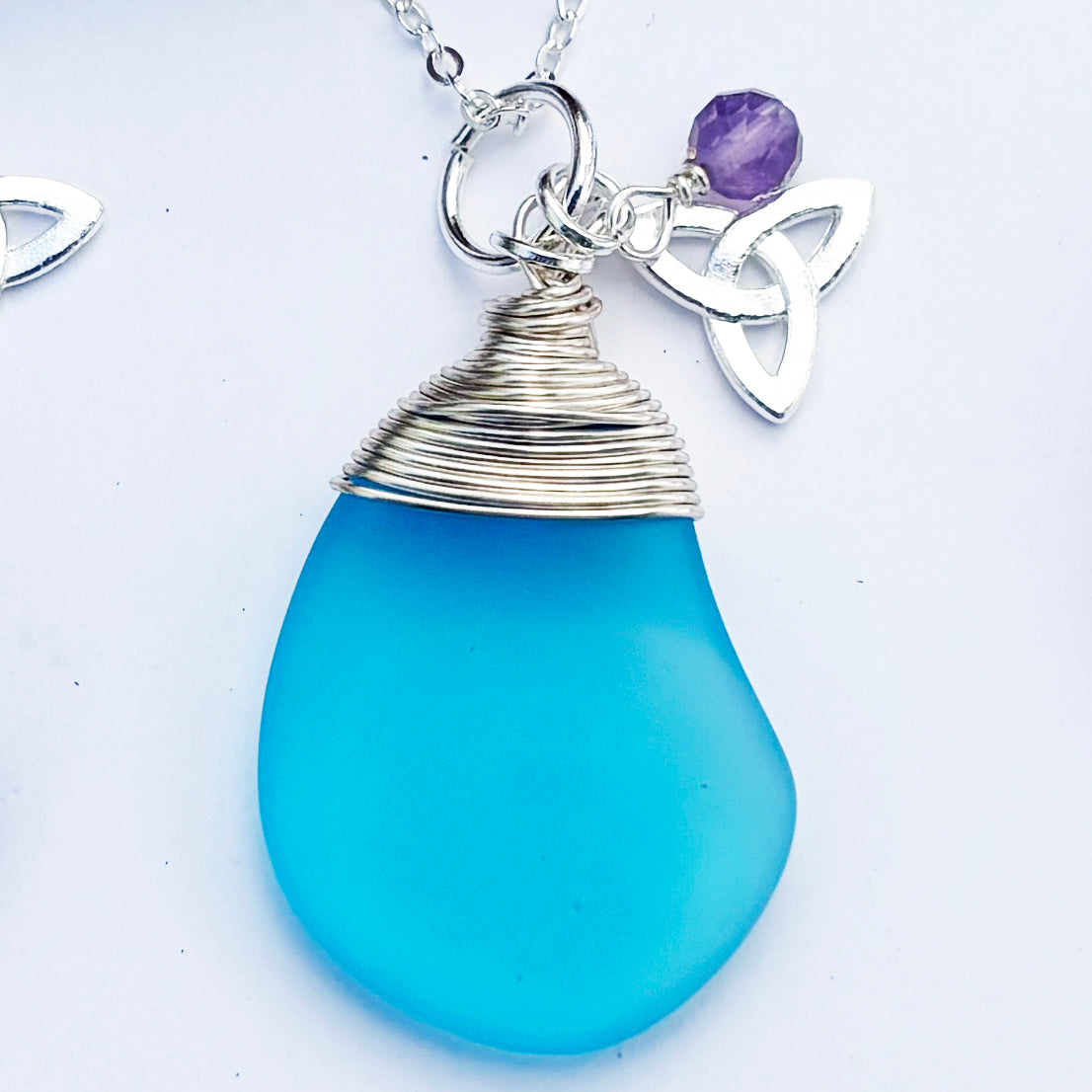 Hand-wrapped Sea Glass with Celtic Trinity Knot and a Real Gemstone Pendant