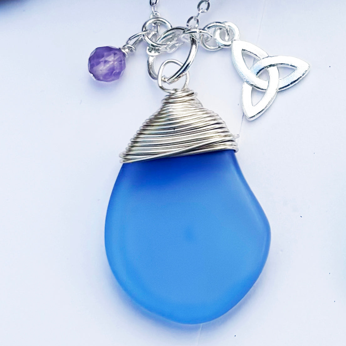 Hand-wrapped Sea Glass with Celtic Trinity Knot and a Real Gemstone Pendant