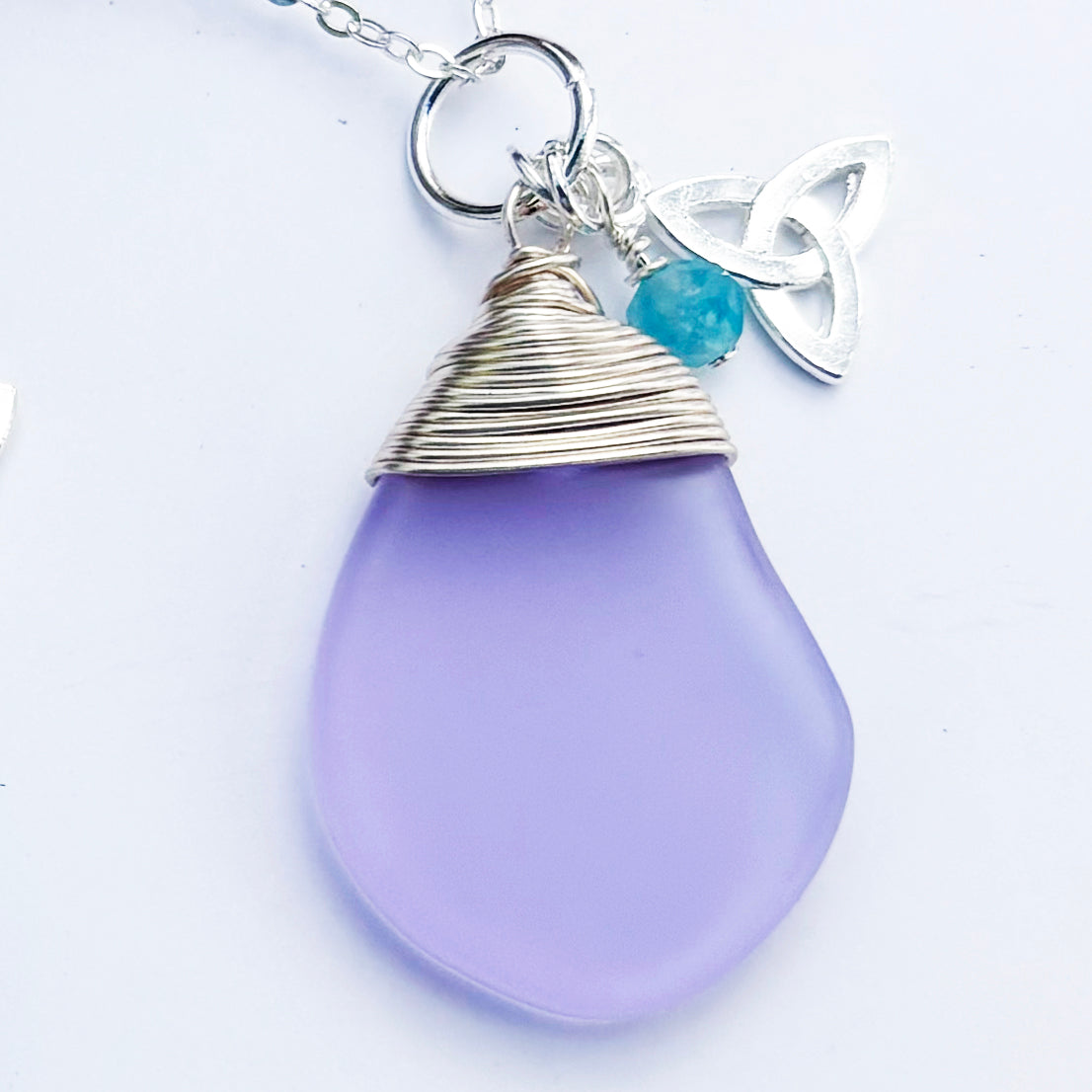 Hand-wrapped Sea Glass with Celtic Trinity Knot and a Real Gemstone Pendant