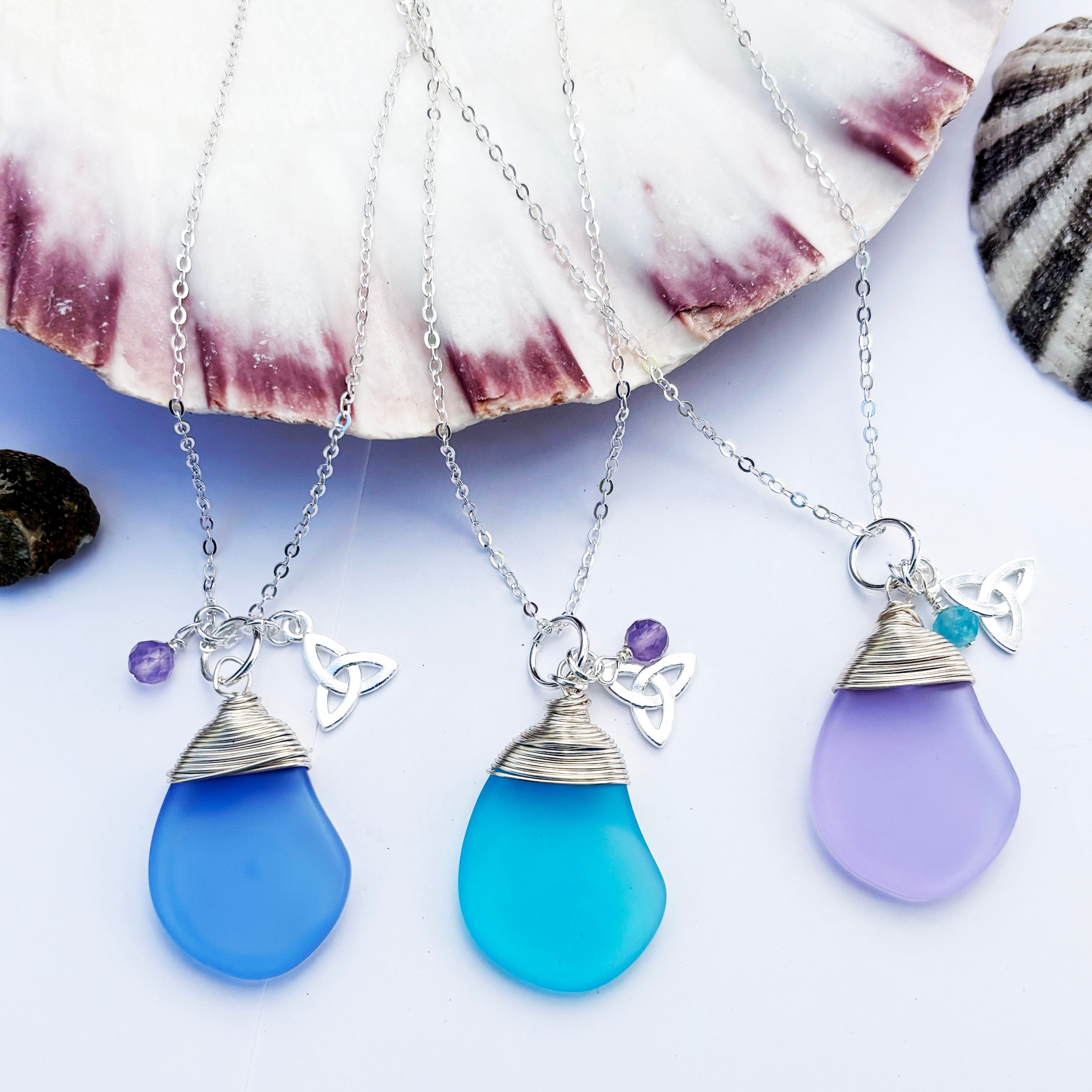 Hand-wrapped Sea Glass with Celtic Trinity Knot and a Real Gemstone Pendant