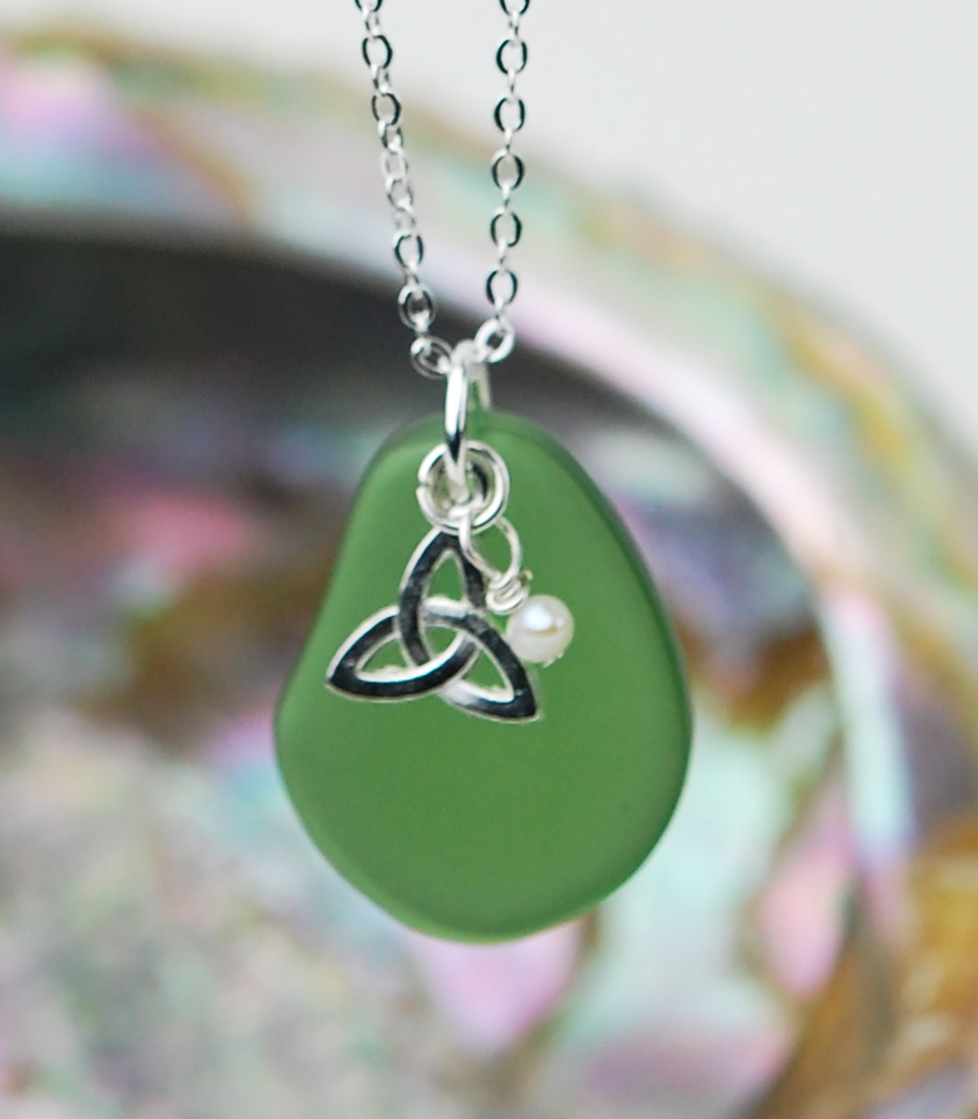 Sea Glass Pendant with Trinity Knot and Freshwater Pearl