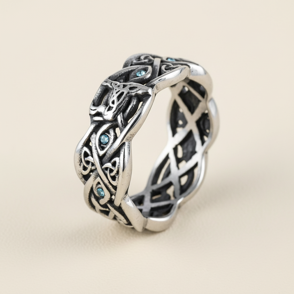 Open Celtic Knot with Faceted Teal Accents Band