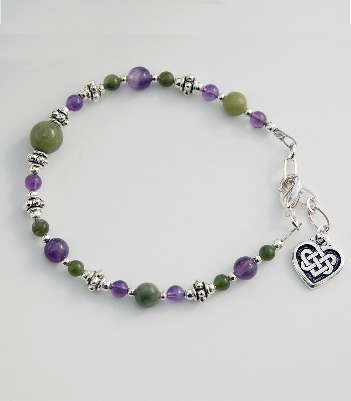 Amethyst and Connemara Marble Bracelet with Celtic Heart Knot