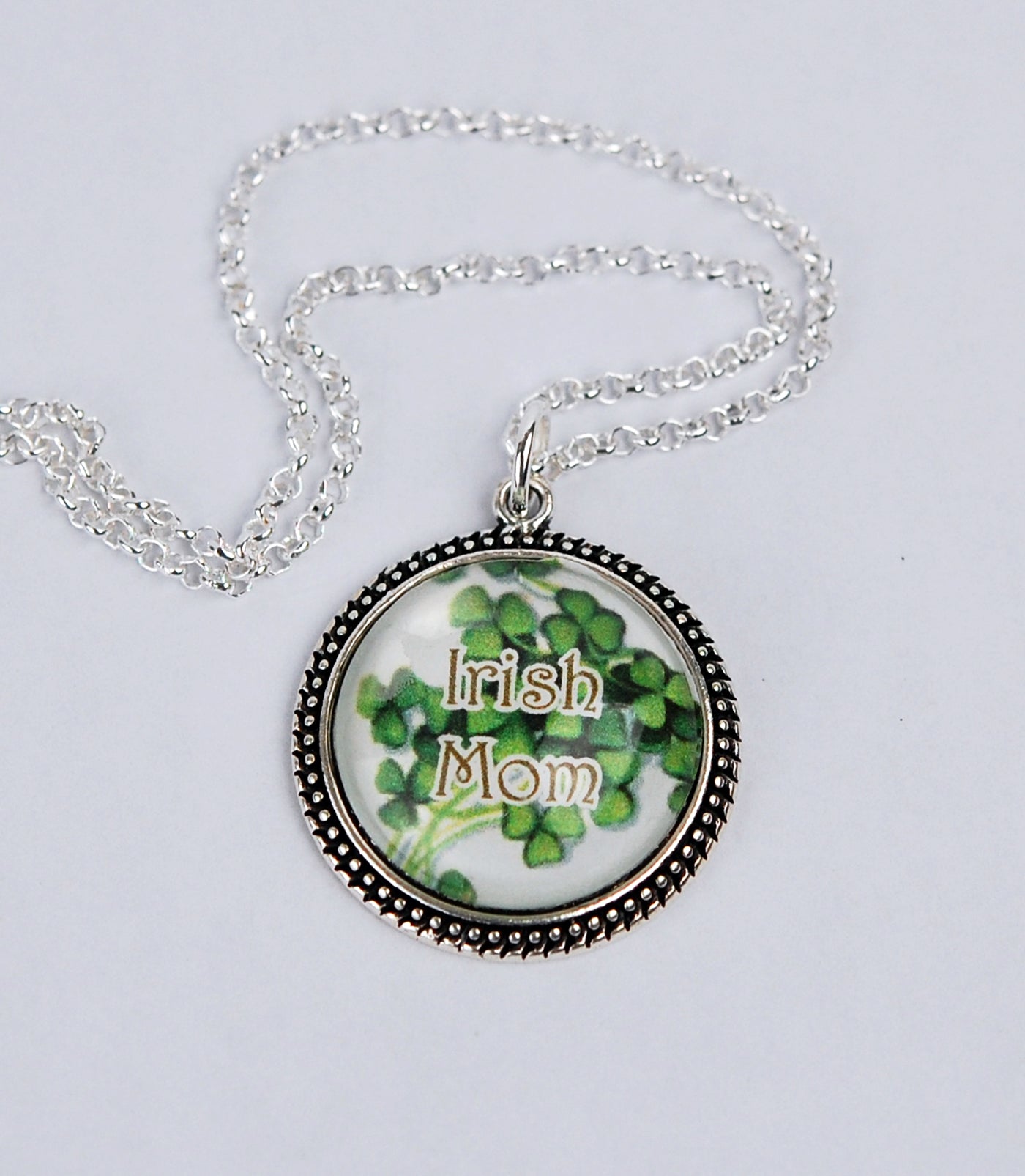 "Irish Mom" with Shamrocks in Beaded Bezel Pendant