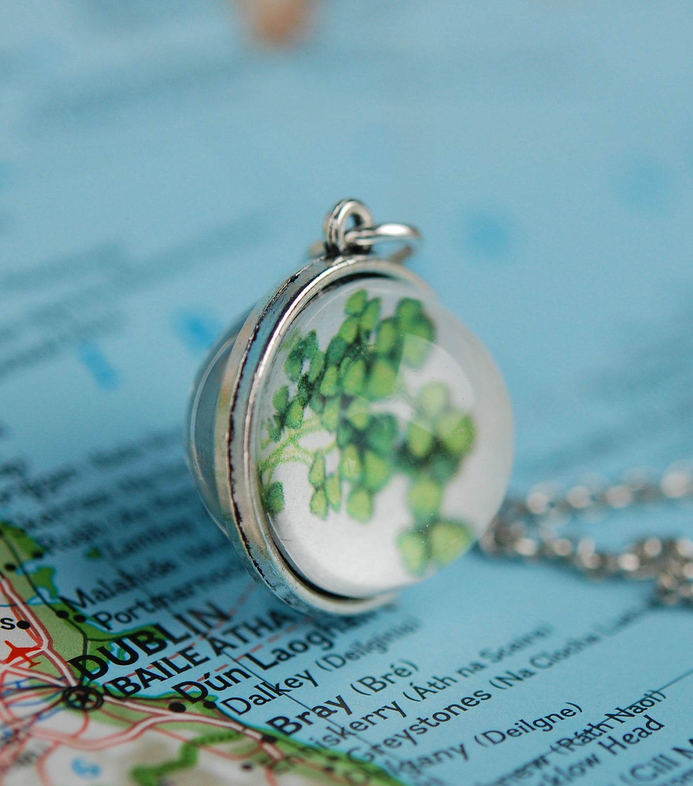 Glass Globe with Ireland Map and Shamrocks Pendant