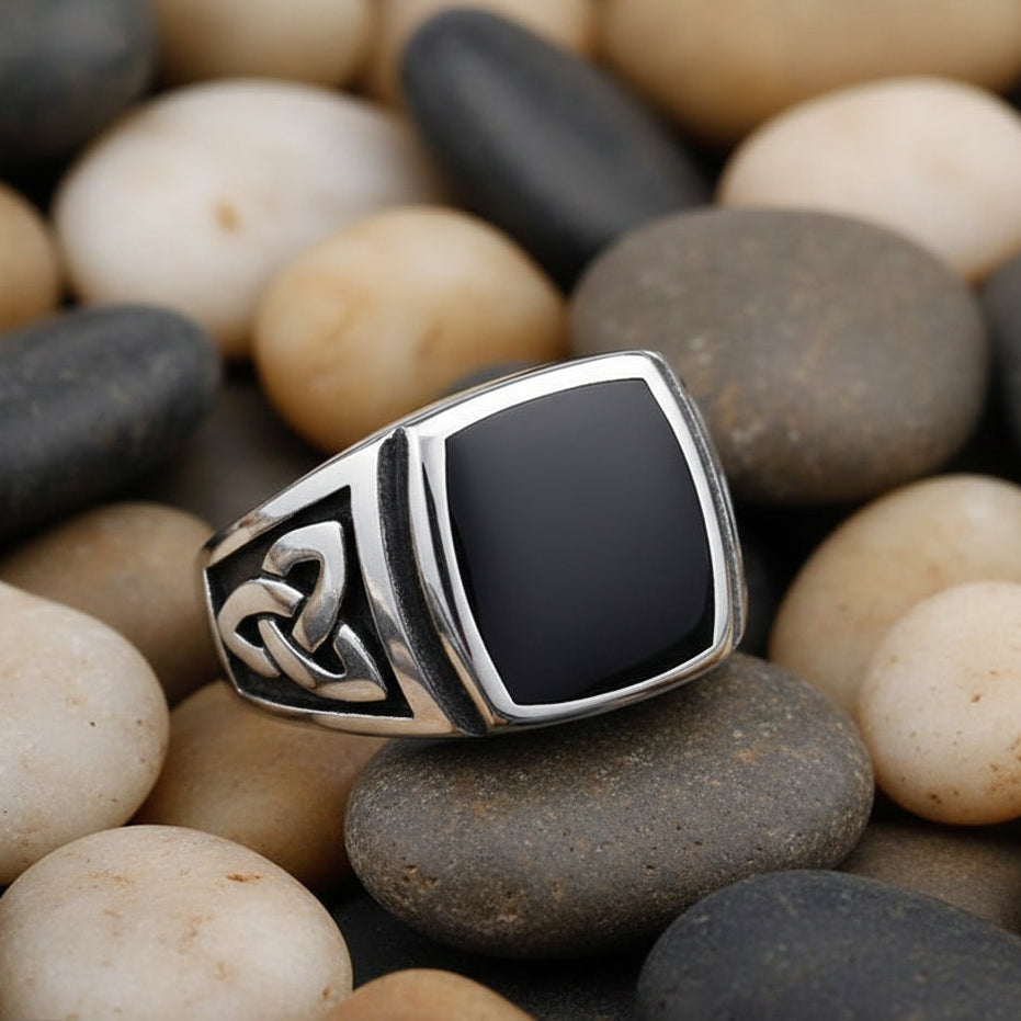 Deepest Black Enamel with Celtic Trinity Side Knots Ring