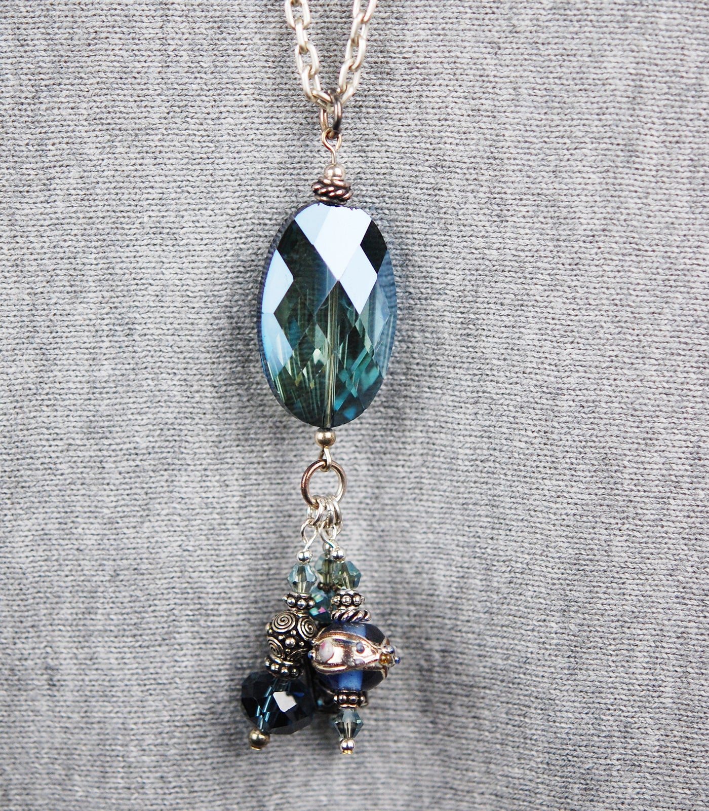 Smoky Blue Grey Oval Crystal Long Pendant
