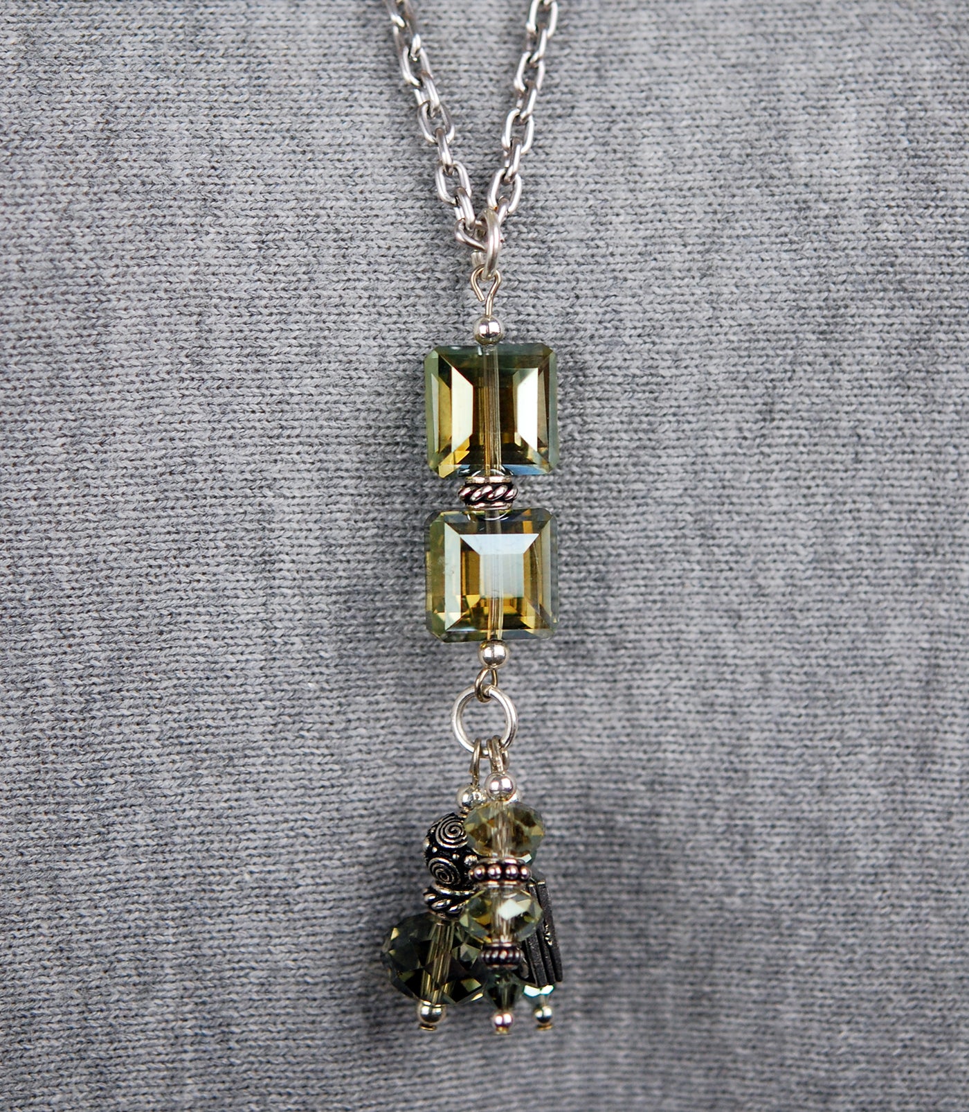 Double stacked Dove Grey Square Crystal Pendant