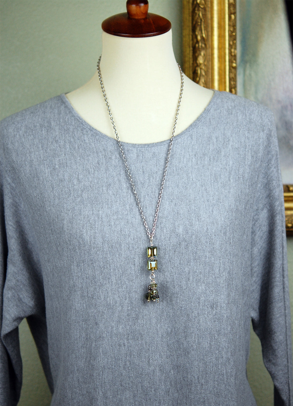 Double stacked Dove Grey Square Crystal Pendant