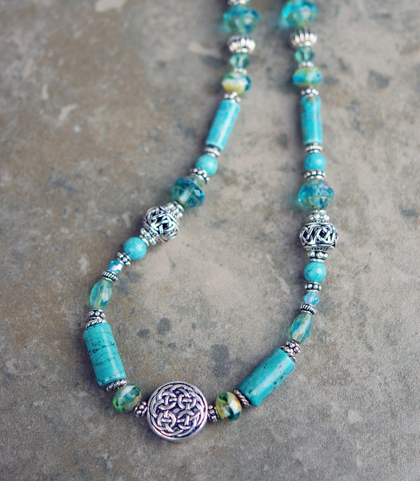 Turquoise and Magnesite Necklace with Celtic Knot