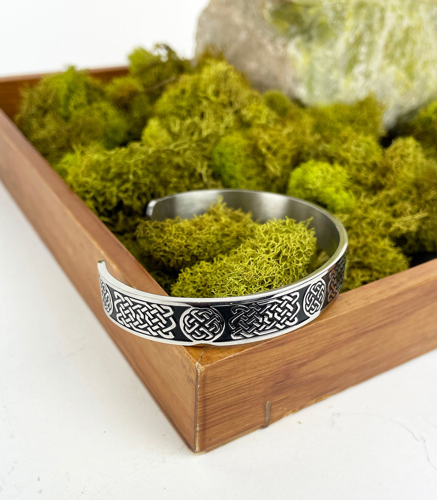 Men's Stainless Steel Cuff Bracelet with Round and Rectangle Celtic Knots