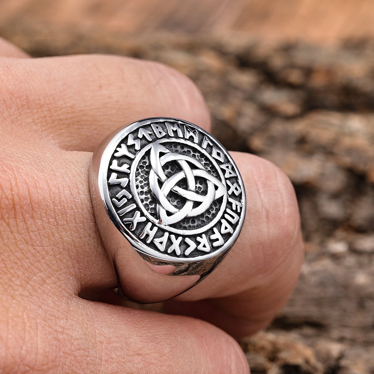 Trinity Knot with Runes Symbols Ring