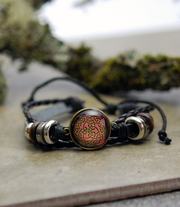 TRIBE-Cab-02 Red Round Celtic Knot Leather Bracelet