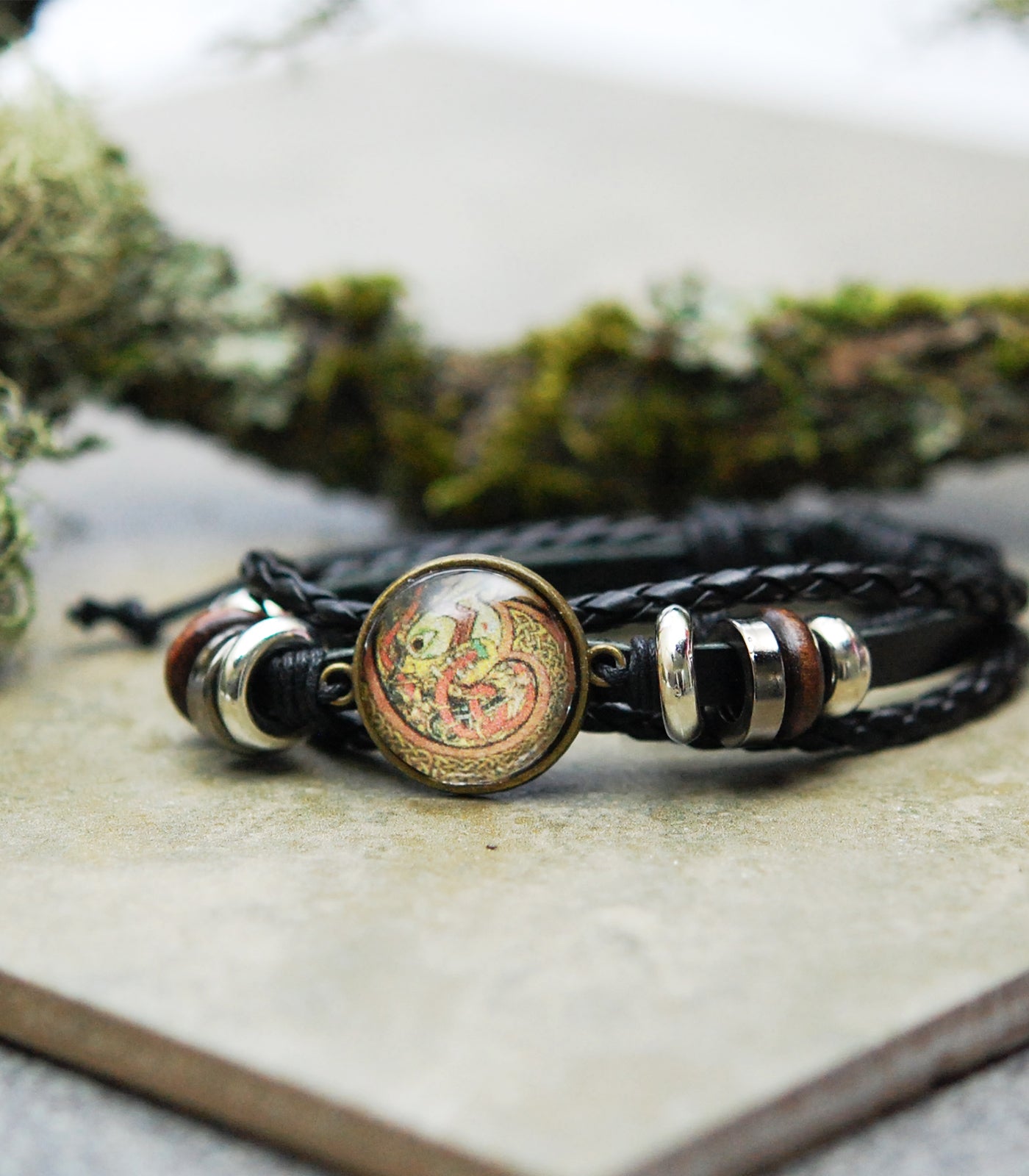 Coiled Celtic Dragon Cabochon Bracelet