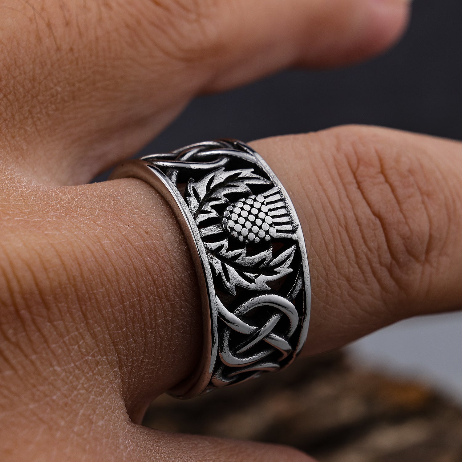 Open Celtic Knotwork with Scottish Thistle Ring