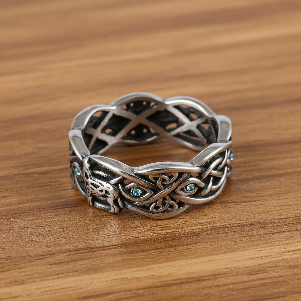 Open Celtic Knot with Faceted Teal Accents Band