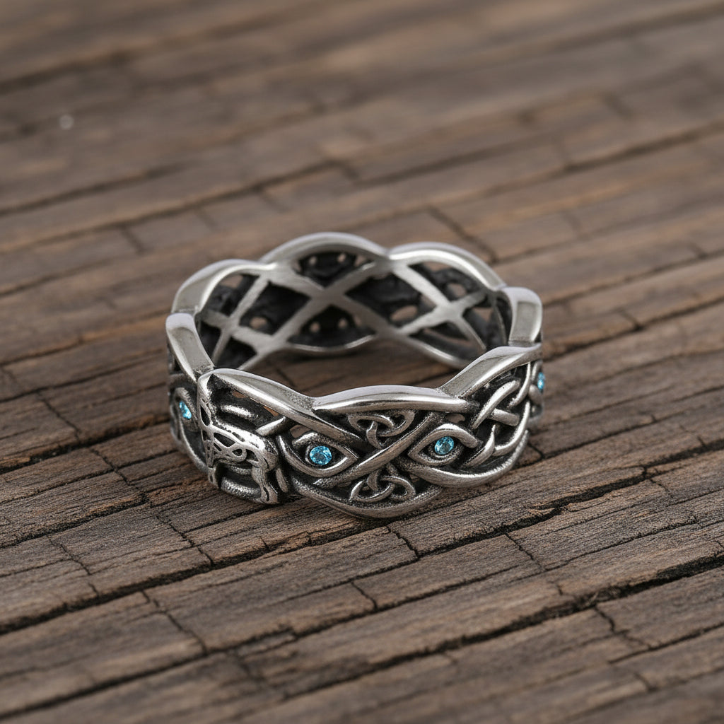 Open Celtic Knot with Faceted Teal Accents Band
