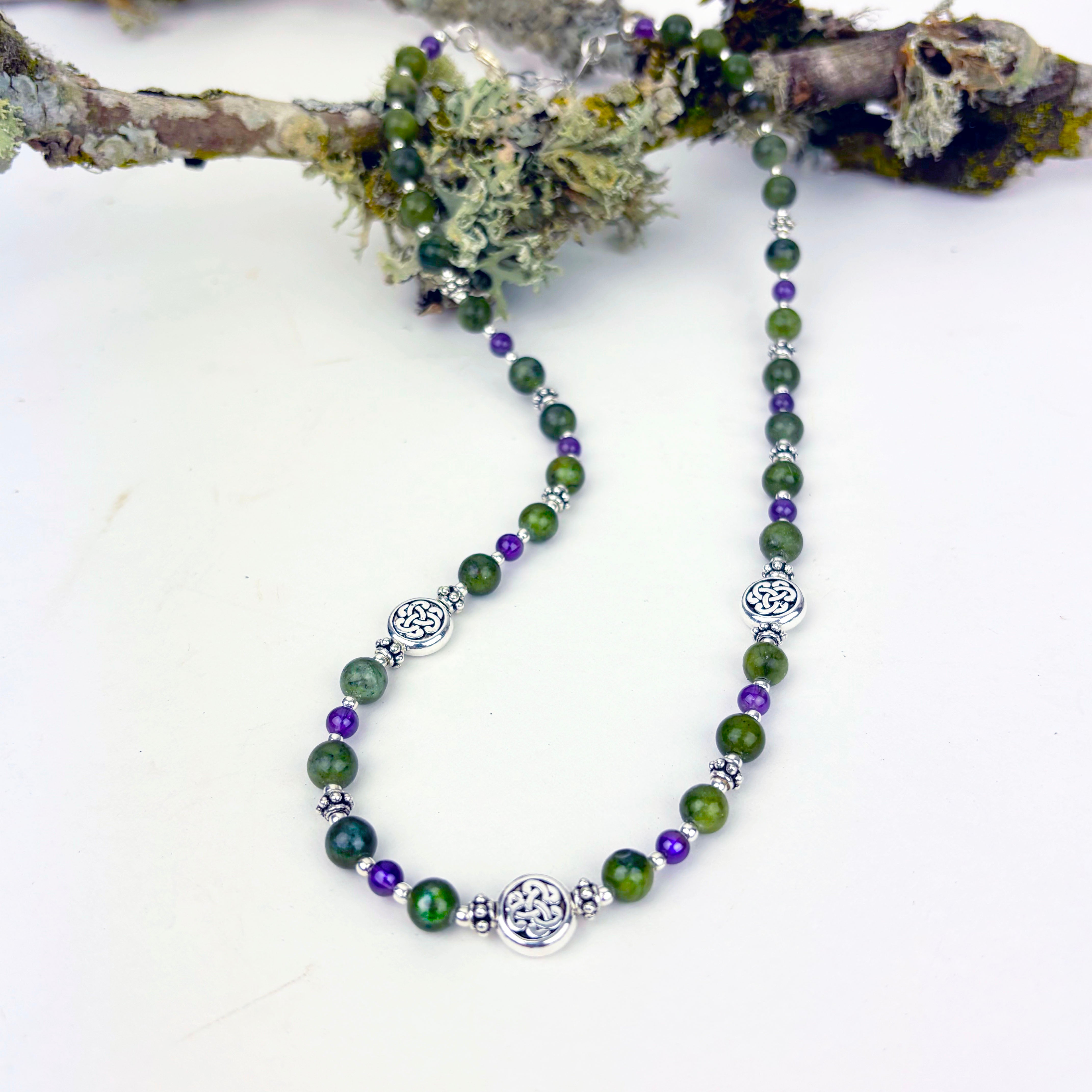 Three Celtic Knot Beaded Necklace with Connemara Marble and Amethyst