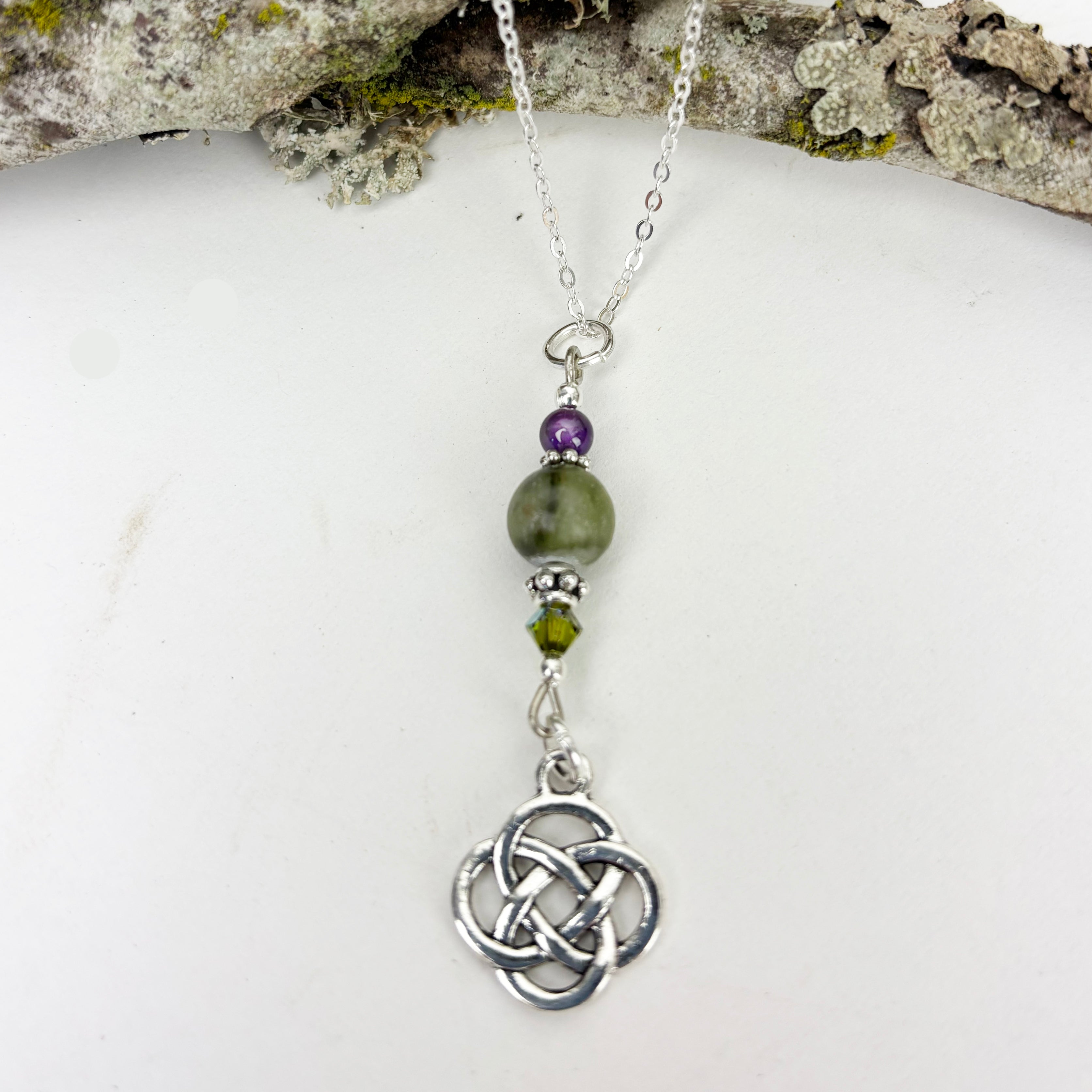 Large Connemara Marble and Amethyst with Round Celtic Knot Drop