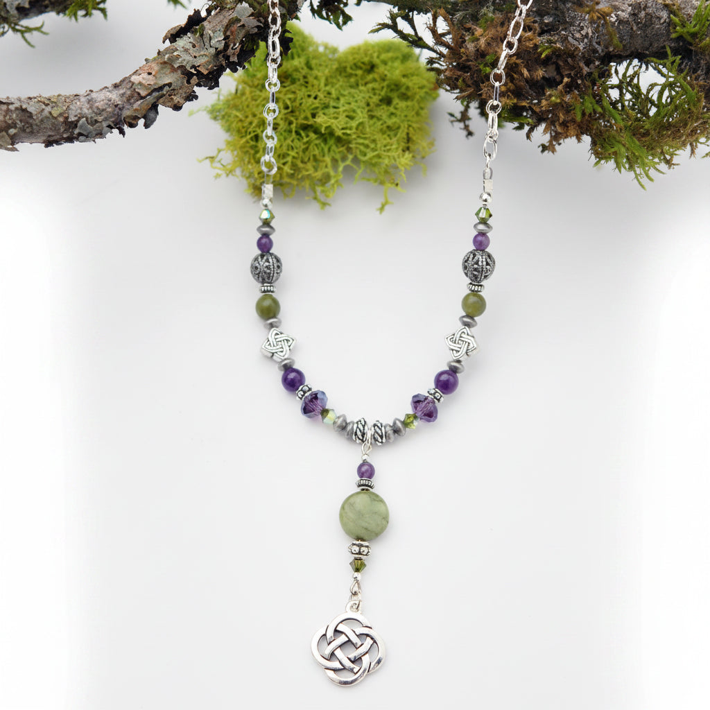Connemara Marble and Amethyst Gemstone Round Open Celtic Knot Necklace