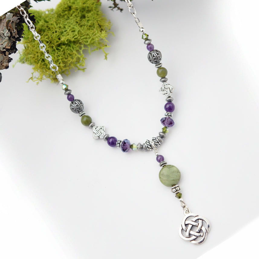 Connemara Marble and Amethyst Gemstone Round Open Celtic Knot Necklace