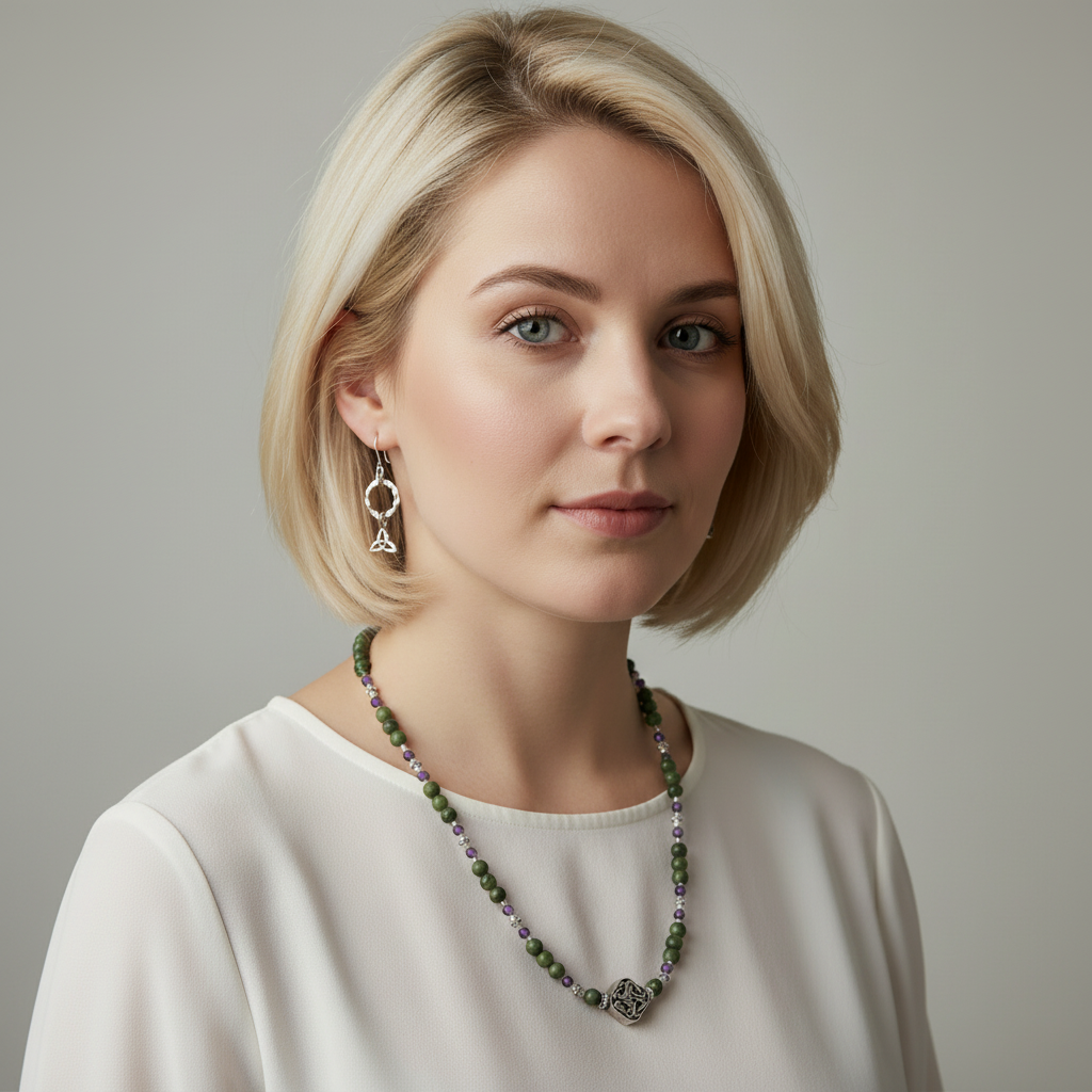 Connemara Marble and Amethyst Focal Bead Necklace