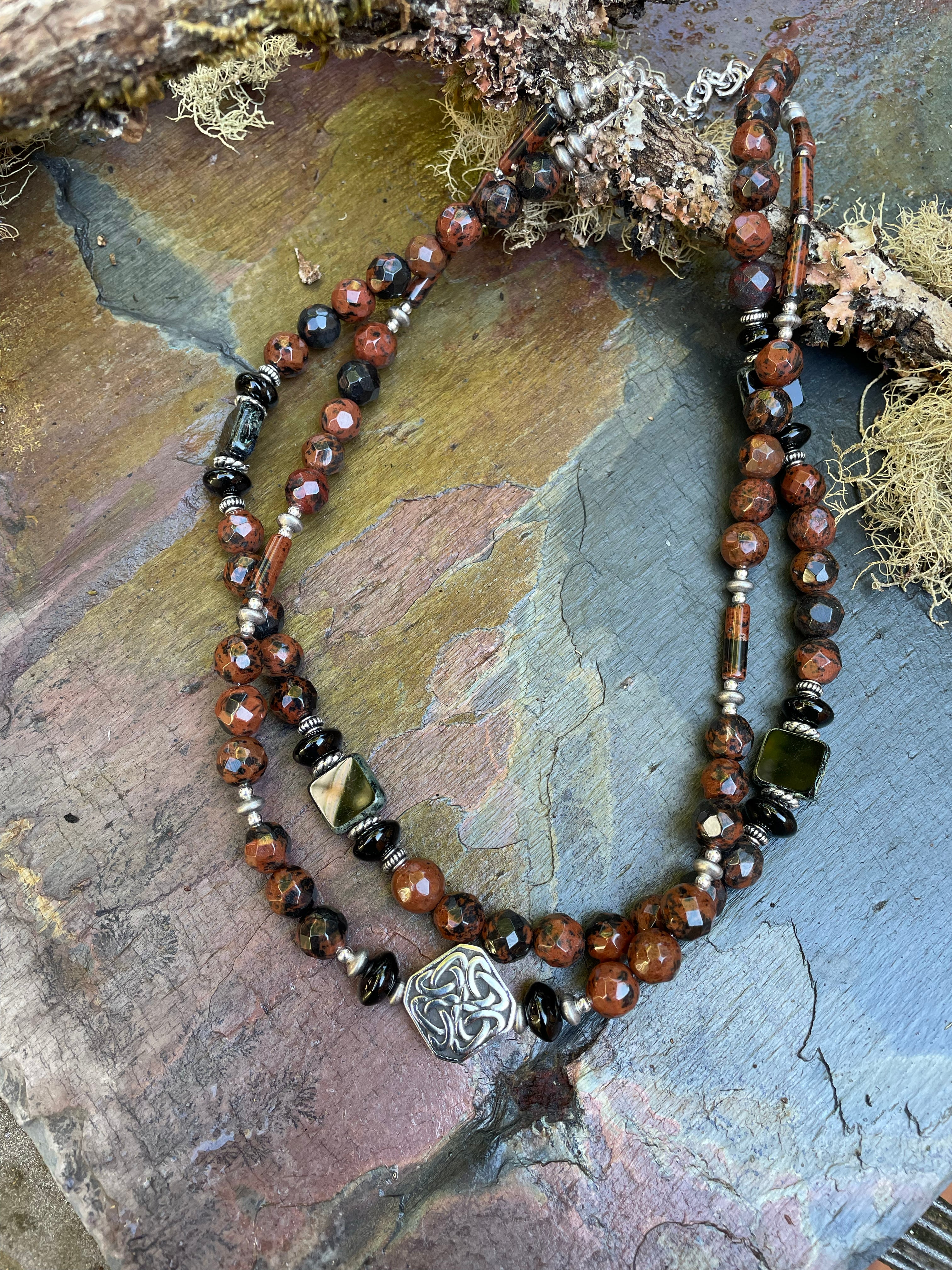 Mahogany Obsidian and Black Onyx with Celtic Knot Necklace