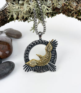 Stainless Steel Celtic Raven in Flight with gold details