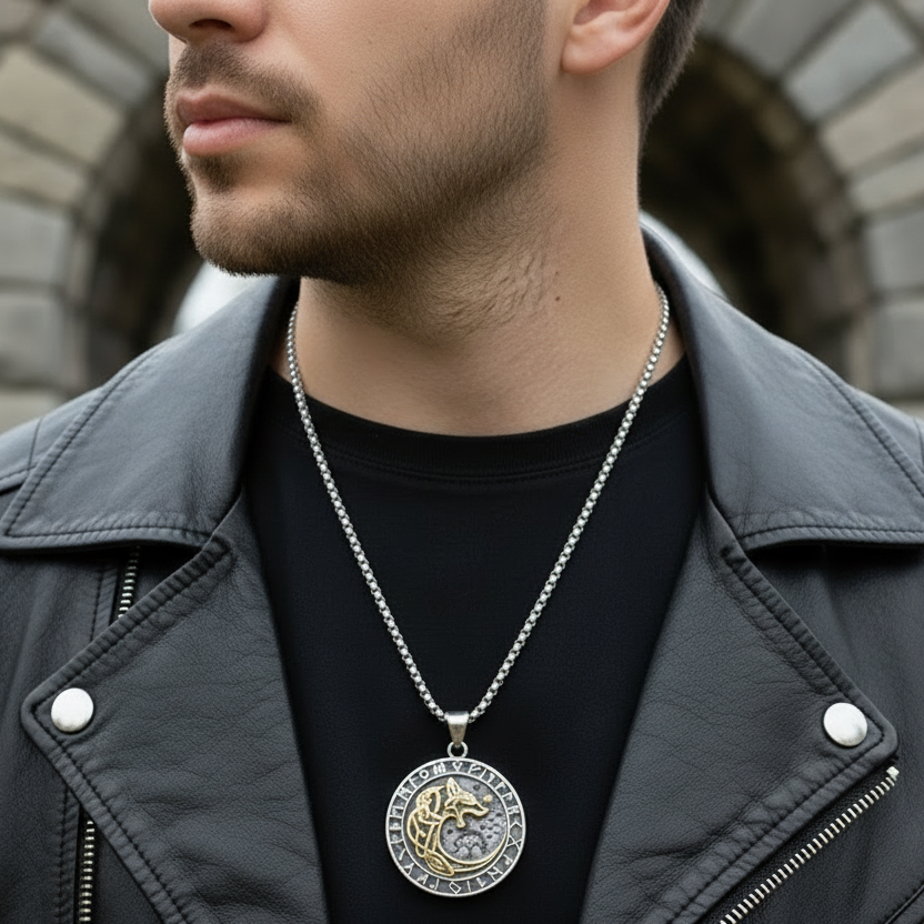 Wolfhound Wolf Encircled with Runes with Gold details Pendant
