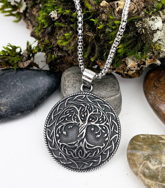 DM-507 Stainless Steel Solid Celtic Tree of Life with Celtic Knot Boarder