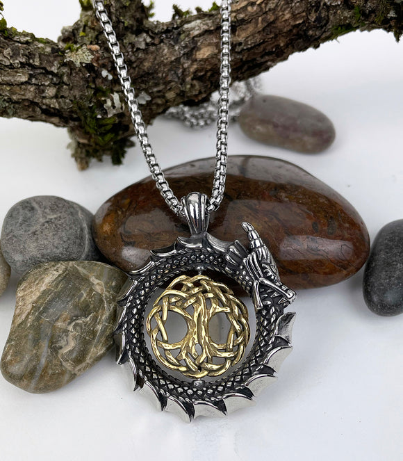 DM-914 Stainless Steel Celtic Dragon with Tree of Life Pendant