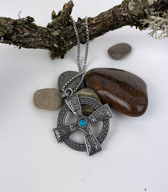 DM-921 Stainless Steel Celtic Cross with Stone Pendant