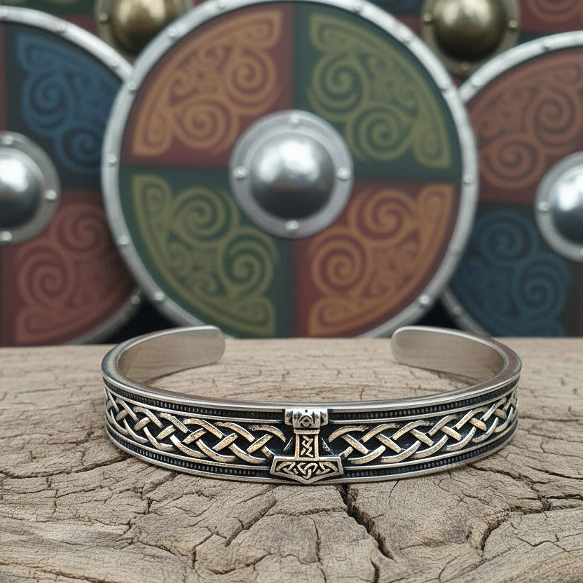 Men's Stainless Steel Cuff Bracelet with Thor's Hammer and Celtic Knot details