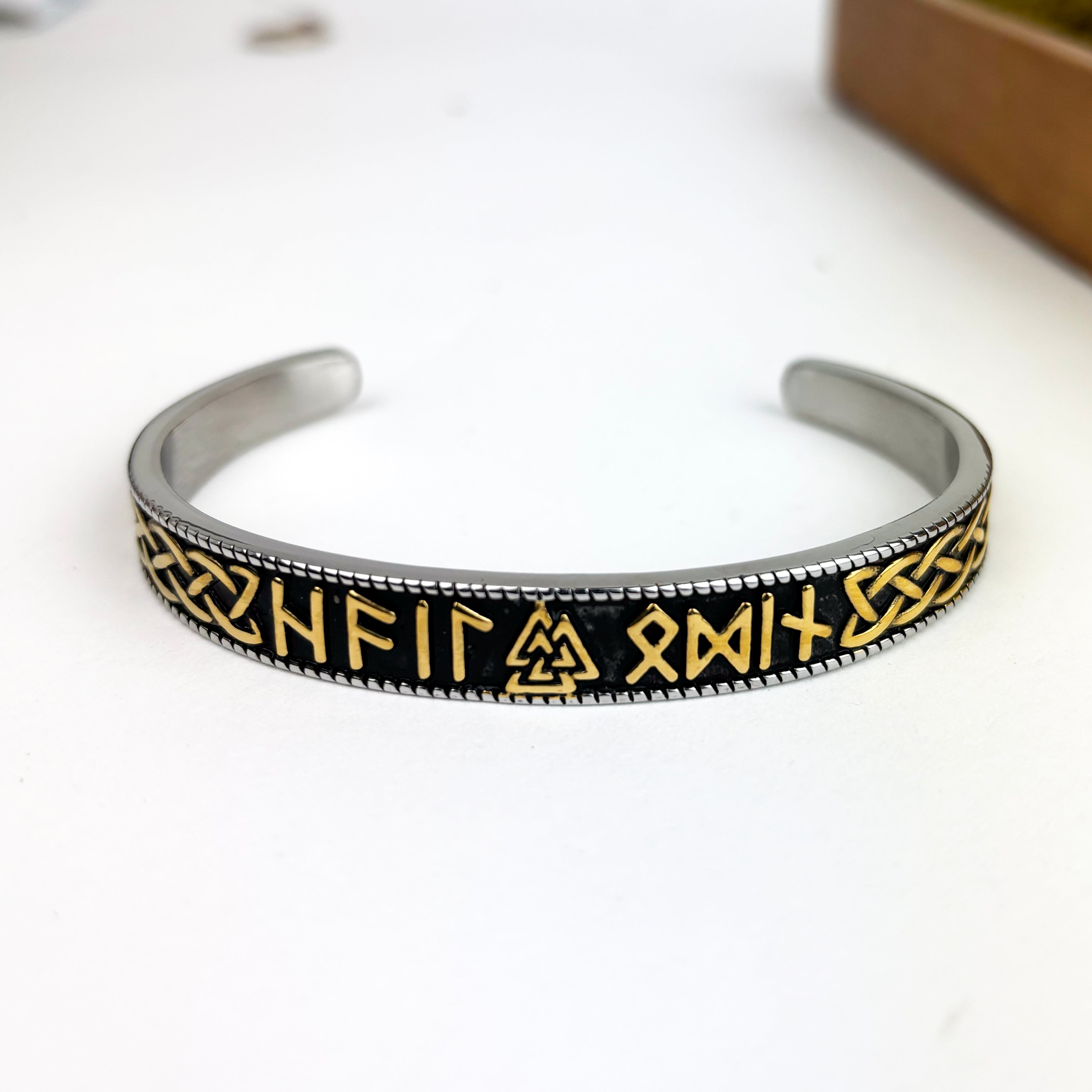 Men's Cuff Bracelet with Viking Valknut and Rune Symbols with Gold Details