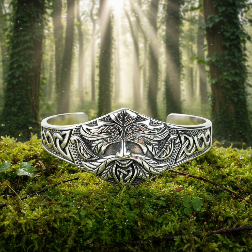 Men's Stainless Steel Celtic Green Man Cuff Bracelet