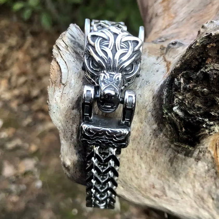 Stainless Steel Woven Men's Bracelet with Wolf heads Clasp