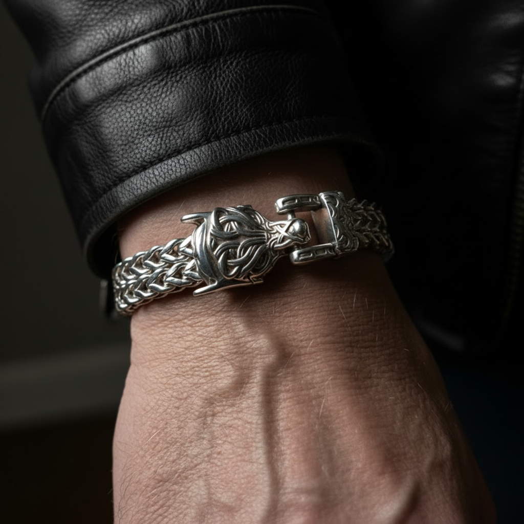 Stainless Steel Woven Men's Bracelet with Wolf heads Clasp