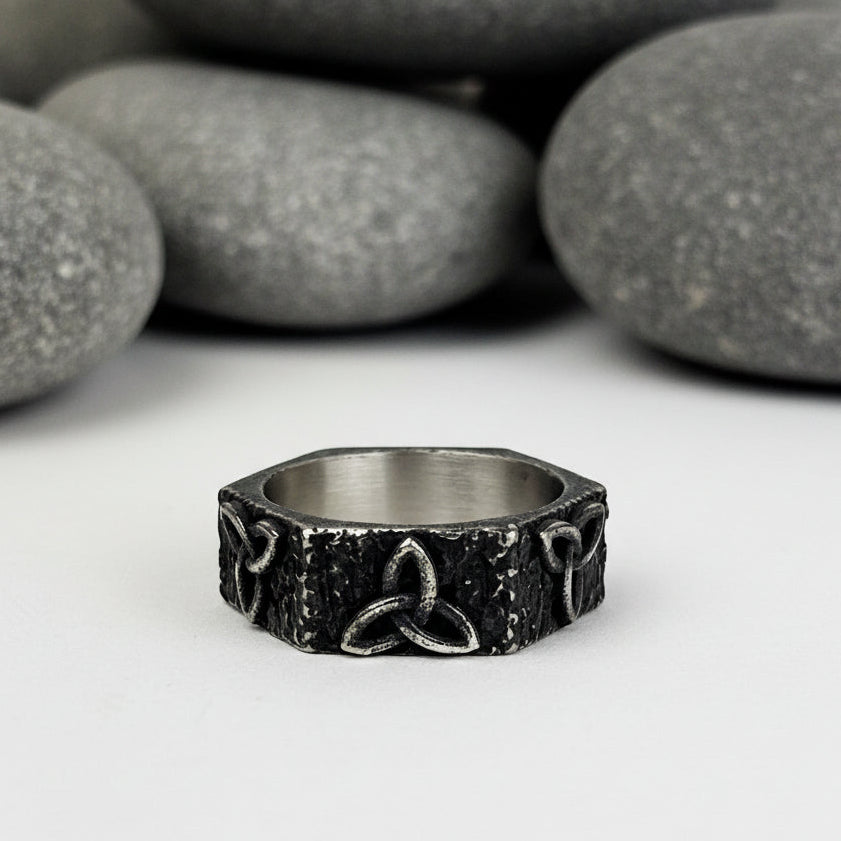 Hammered Octagon  with Trinity Knot Ring