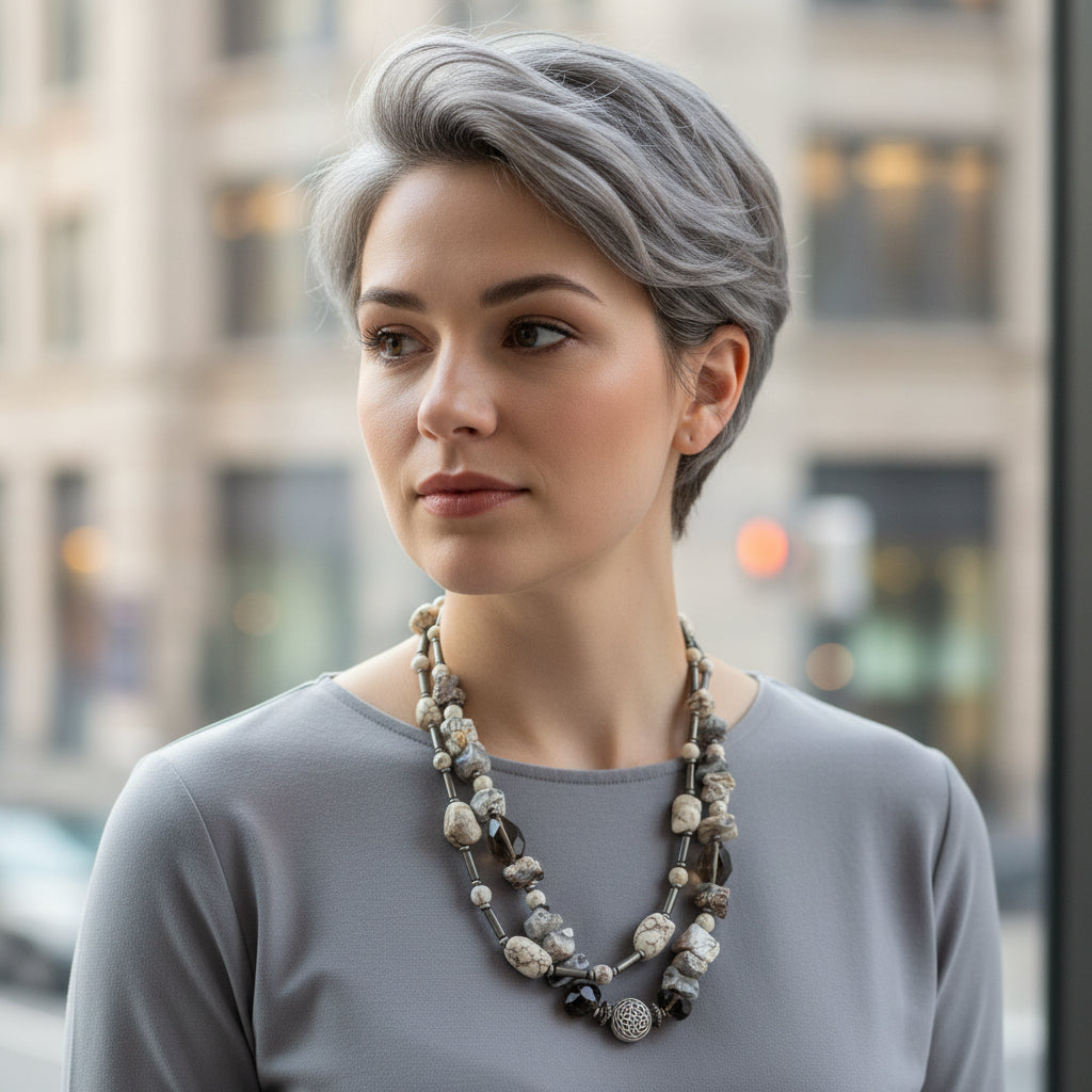 Freeform Smoky Quartz with Howlite Double-strand Necklace