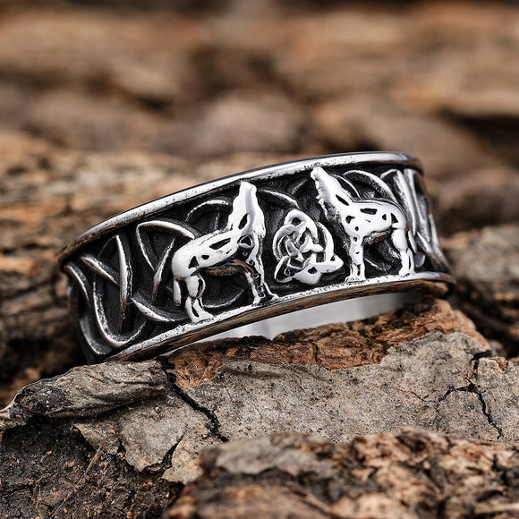 DM-Ring-12209  Celtic Knot Band with Twin Wolves and Tri Knot Center Band