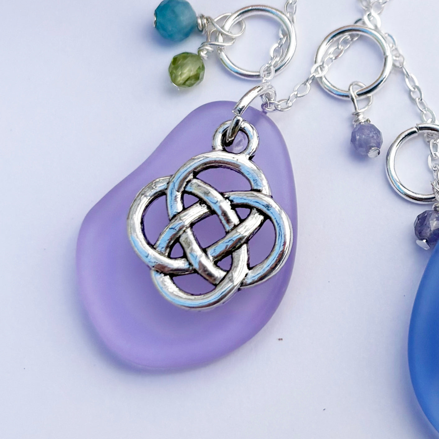 Round Celtic Knot with Sea Glass and Real Faceted Gemstones Pendant