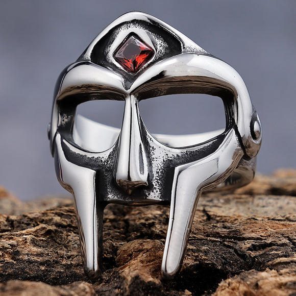 DM-Ring-180309  Warrior King Helmet with Ruby Glass Adornment Ring