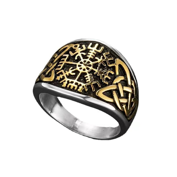 DM-Ring-A-10304-G  Viking Compass with Celtic Knot in Gold Ring