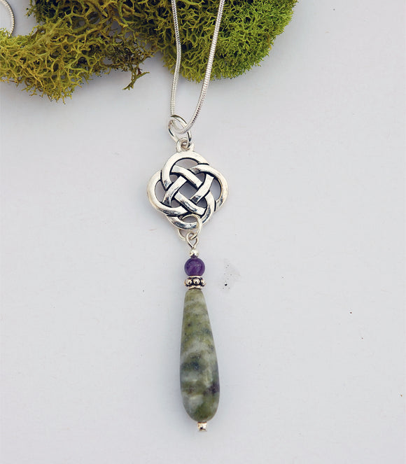 AM/CONN-601 Amethyst and Tear drop Connemara Marble Necklace with Celtic Knot