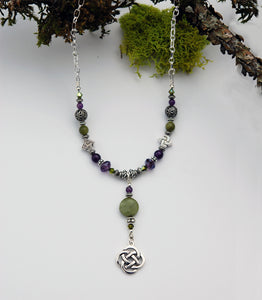 AM/CONN-602 Amethyst and Connemara Marble Necklace with Celtic Knot