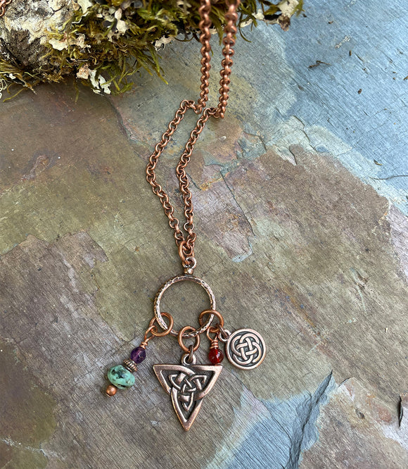 ANU-02-Turq  Copper Tri Knot with Green Turquoise, Amethyst and Carnelian Gemstones Pendant