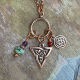 ANU-02-Turq  Copper Tri Knot with Green Turquoise, Amethyst and Carnelian Gemstones Pendant